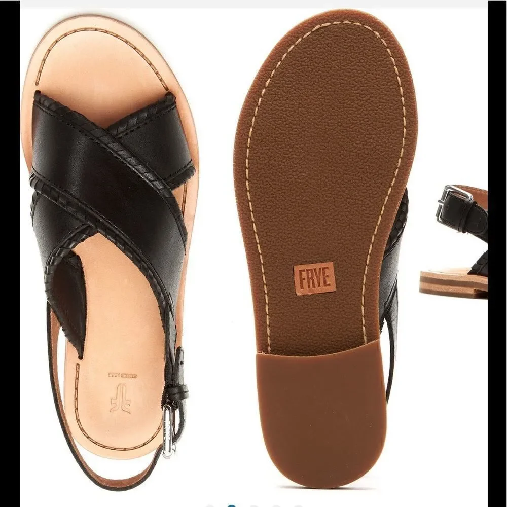 💥Frye Women’s leather feather criss cross black sandal size 7,5 NIB